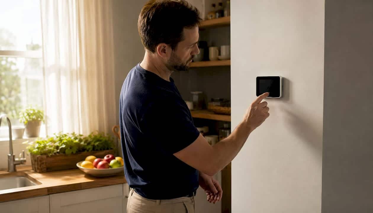 Homeowner adjusting dual fuel thermostat indoors