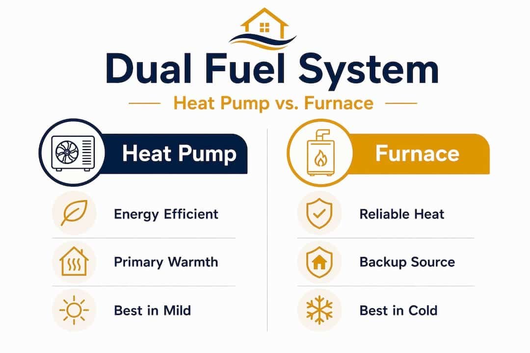 Infographic comparing heat pump and furnace features in dual fuel system