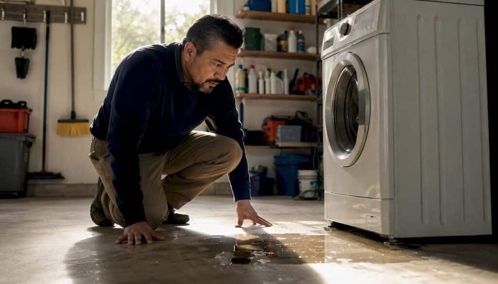 Homeowner inspecting water leak in laundry room