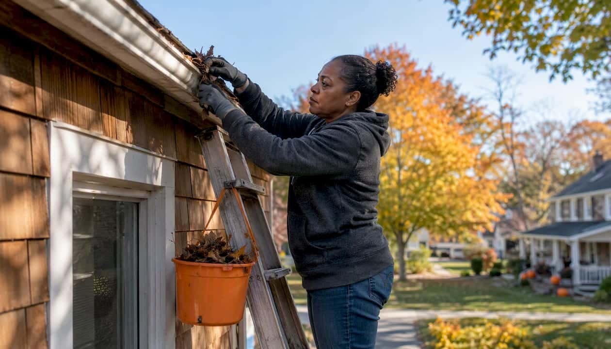 Woman cleaning gutters outdoors in autumn
