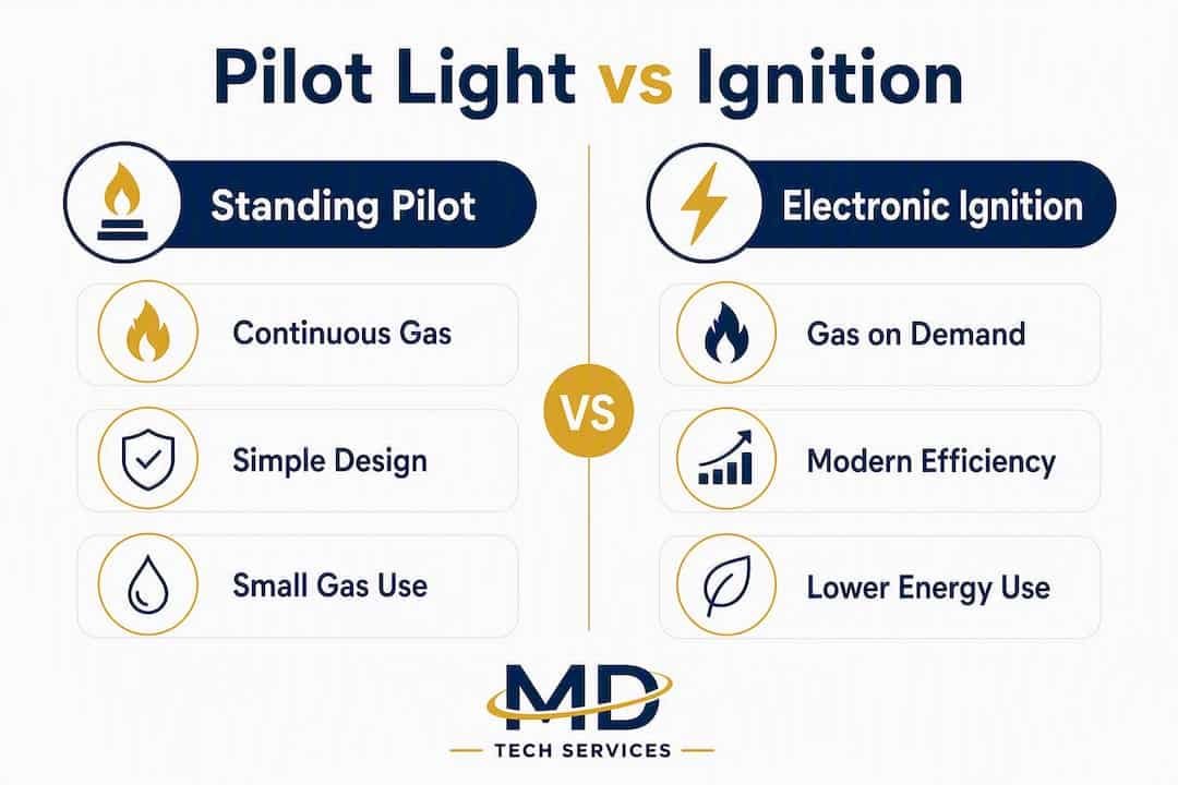 Infographic comparing pilot light and electronic ignition