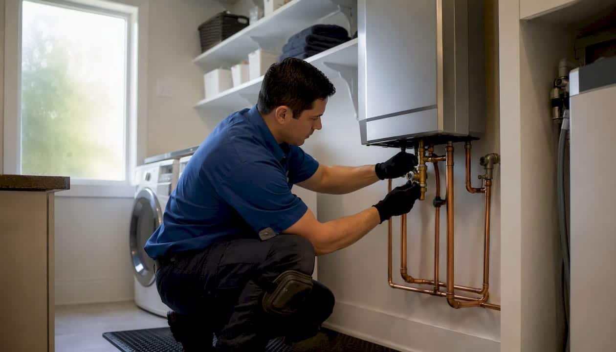 Plumber installing tankless water heater