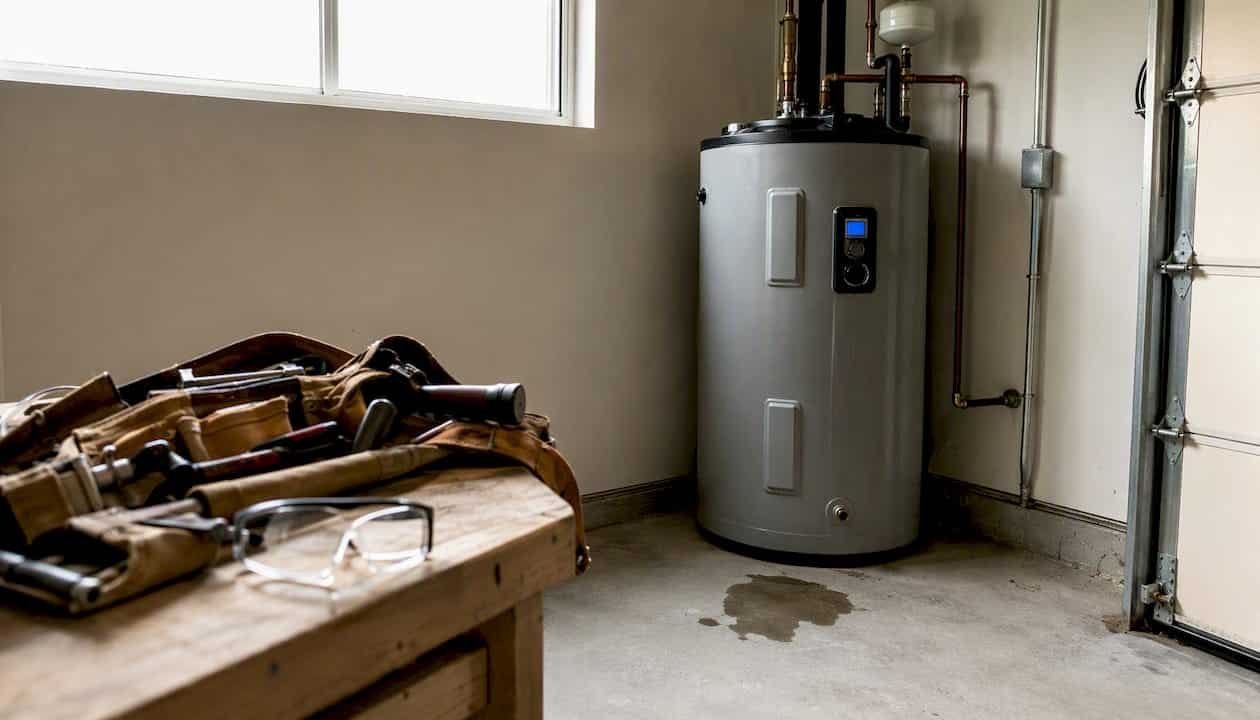 Storage tank water heater in utility room