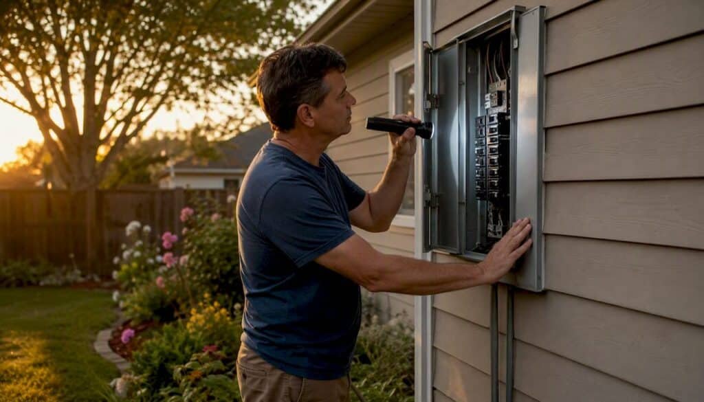 Homeowner inspecting circuit breaker panel