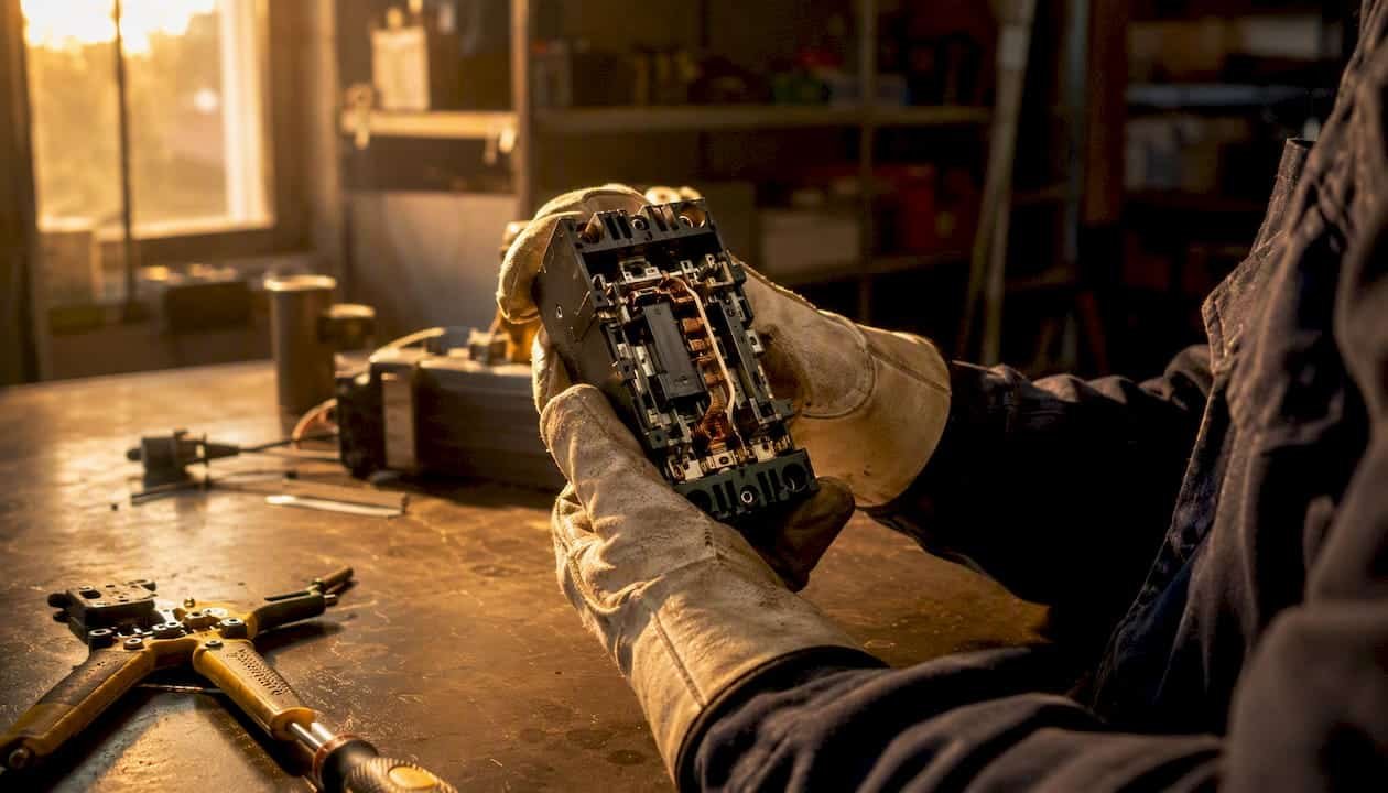 Electrician holding thermal bimetal breaker