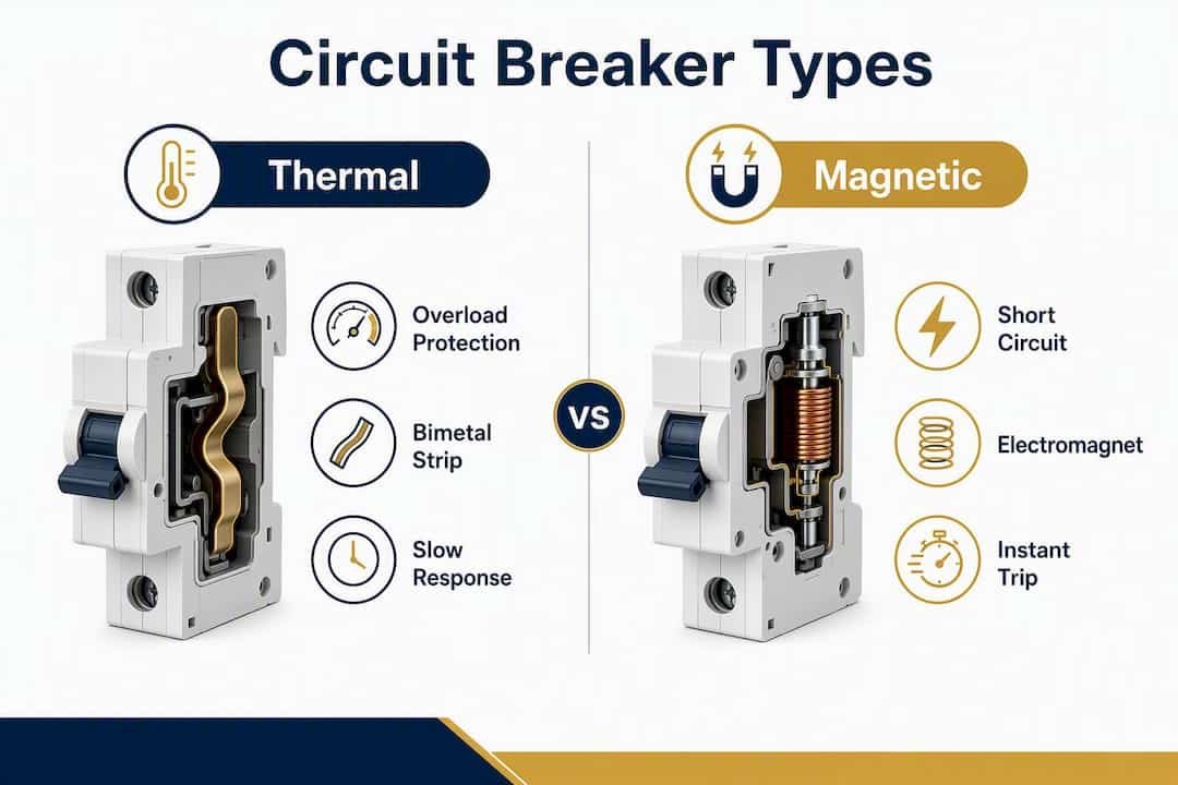 Infographic comparing thermal and magnetic circuit breakers