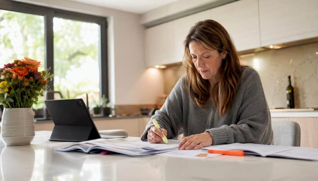 Homeowner reading safety code documents at kitchen table