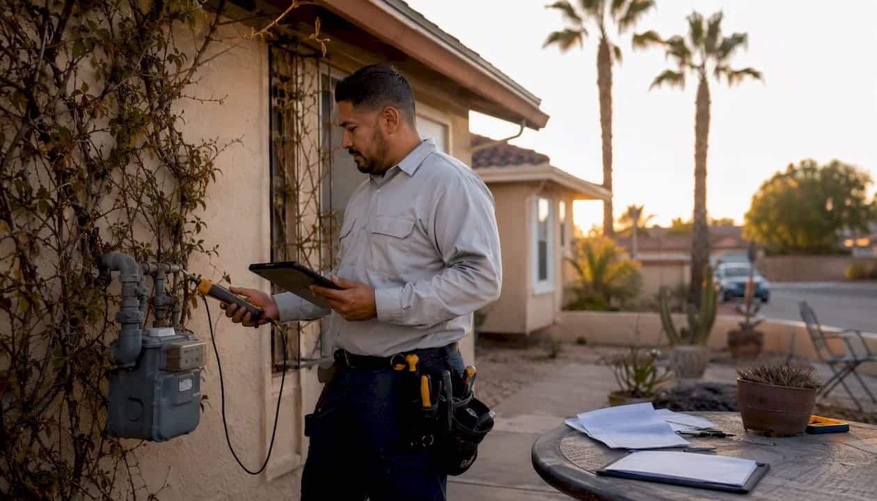 Technician inspecting gas meter and documents in California