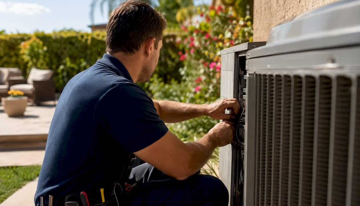HVAC technician inspecting equipment outdoors