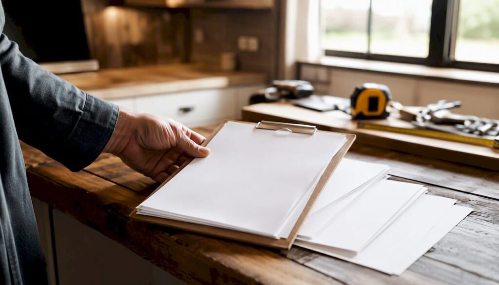Hand holding clipboard with contractor bids