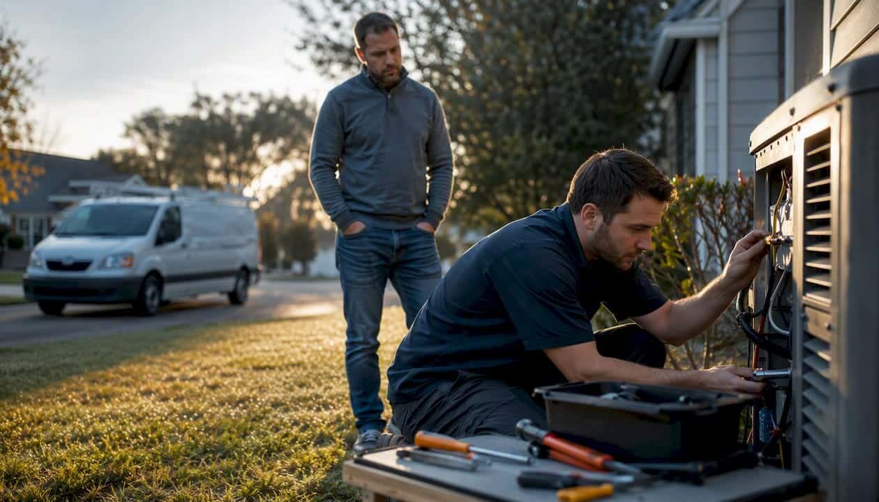 Technician inspecting HVAC unit outdoors