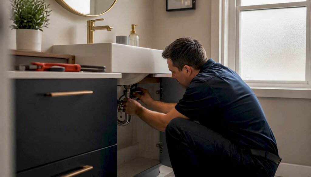 Technician performing plumbing repair in kitchen
