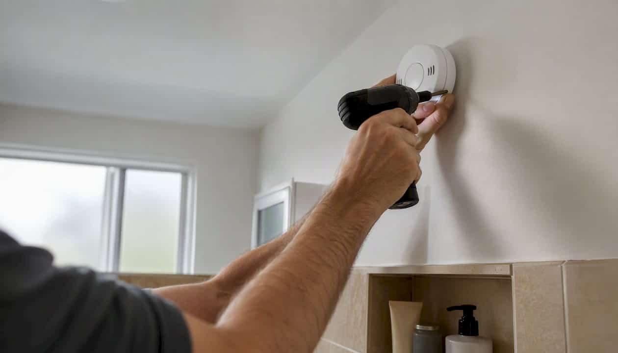 Hands installing carbon monoxide detector on wall