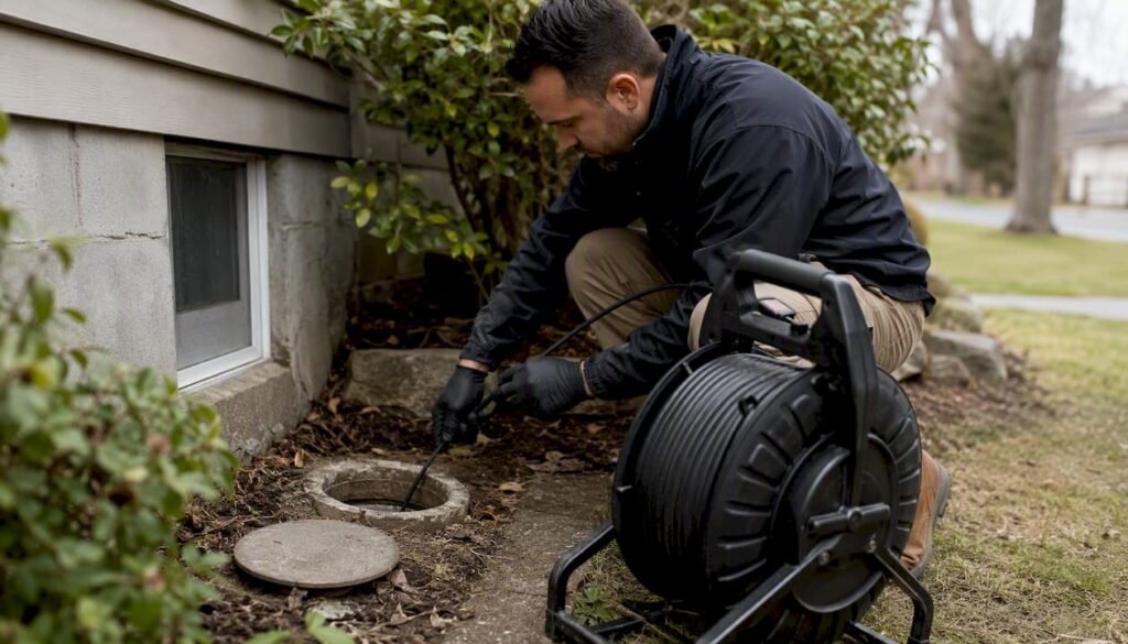 Inspector conducting sewer scope camera inspection