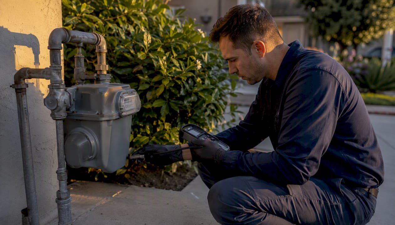 Inspector checking gas leaks near plumbing lines