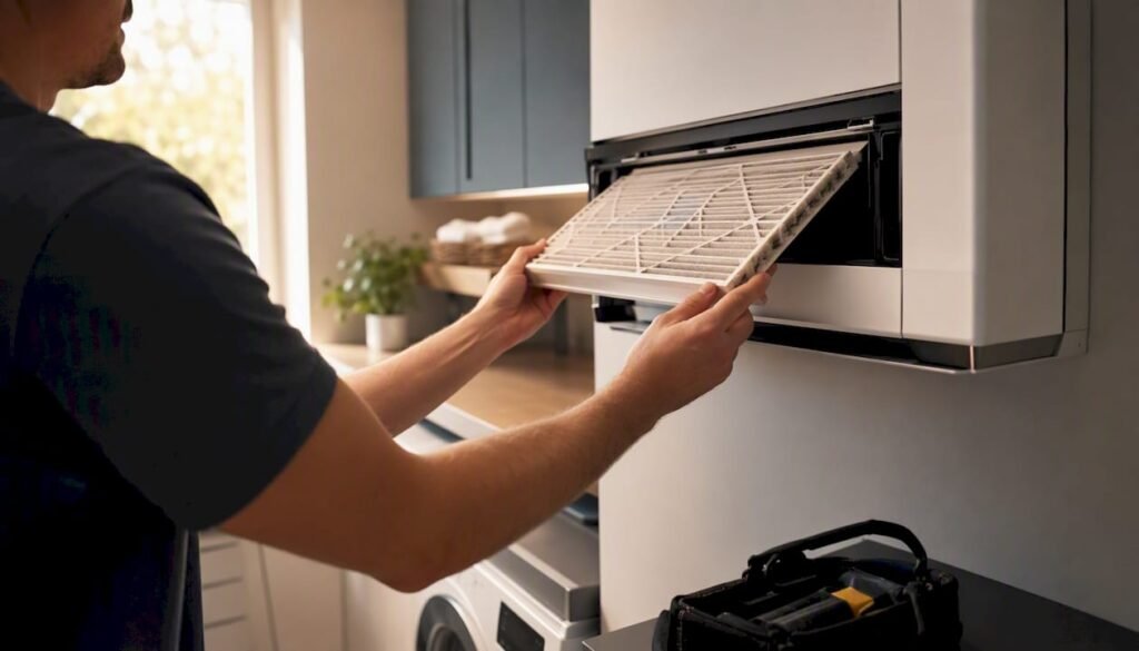 Hand removing HVAC air filter in home