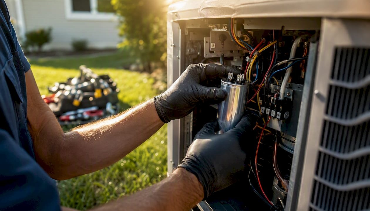 Technician installing HVAC capacitor