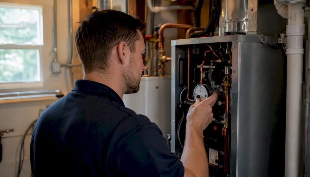 Technician checking HVAC system indoors