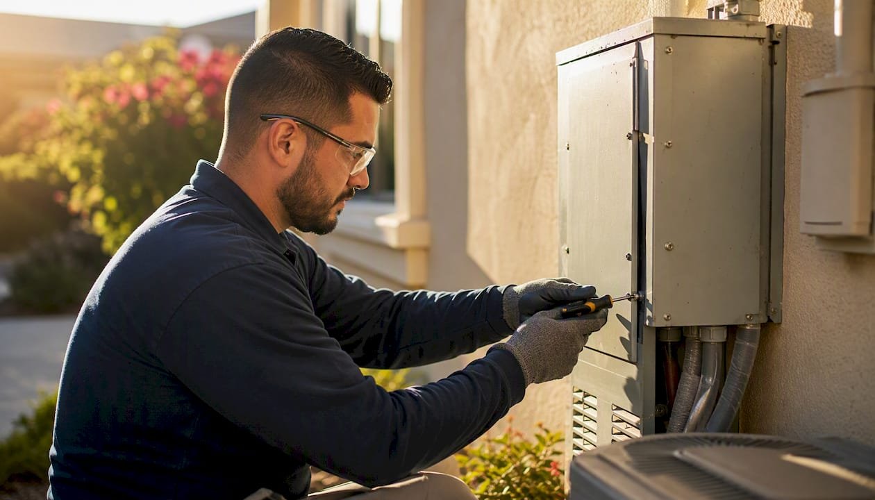 Technician tightening screws on HVAC unit