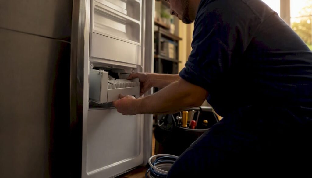 Technician removing ice maker in kitchen freezer