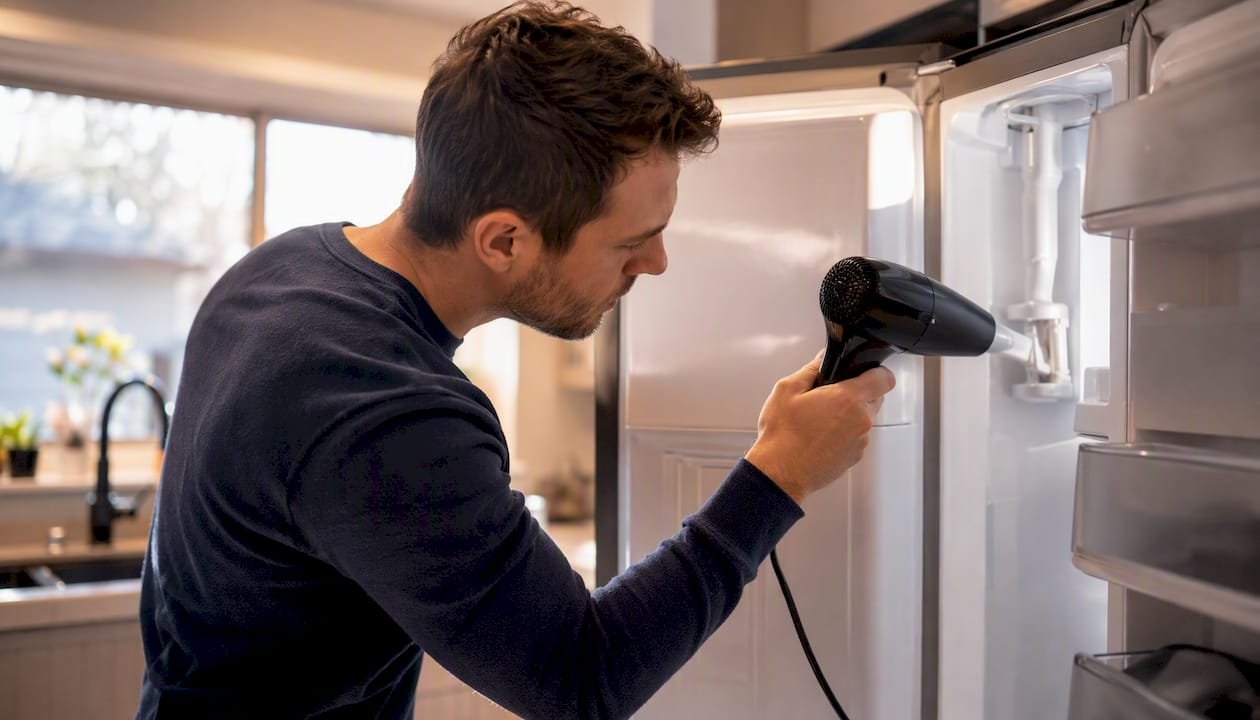 Close-up of hands defrosting freezer fill tube