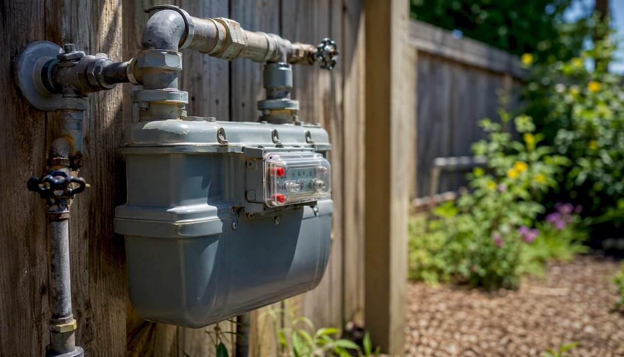 Close-up of natural gas meter and piping