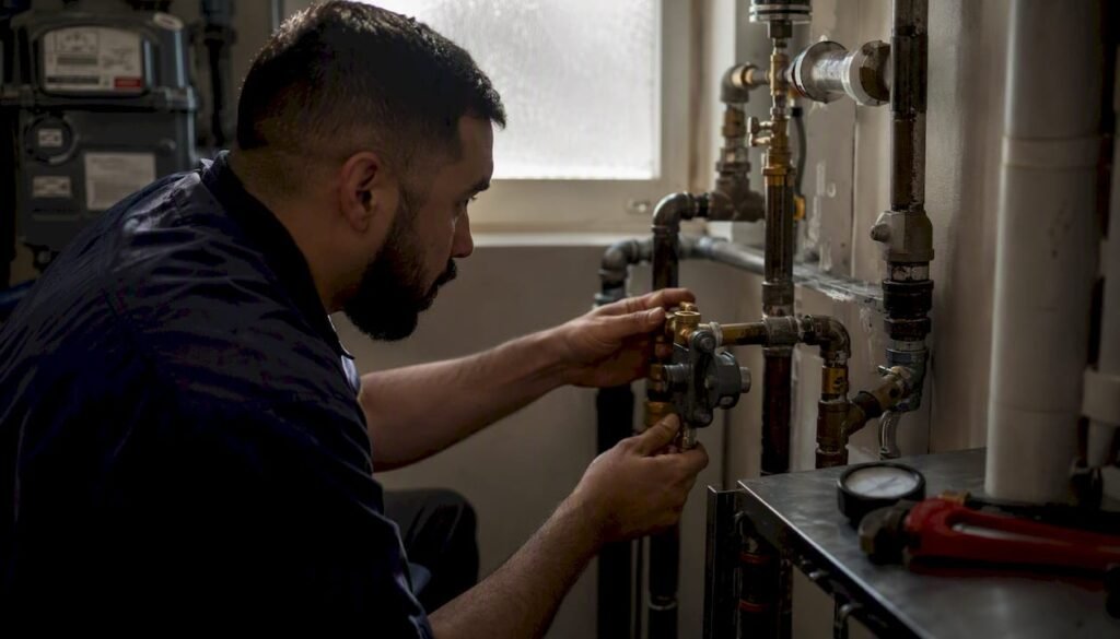 Technician adjusting natural gas line fittings