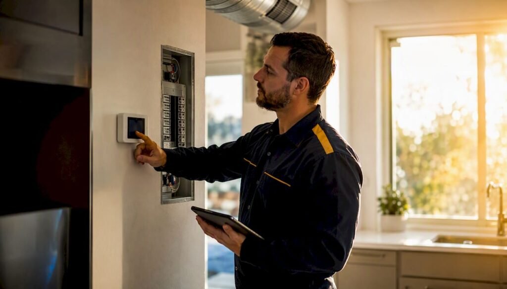 Technician inspecting home's energy system