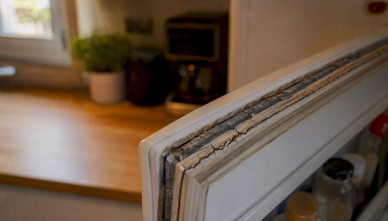 Close-up of worn refrigerator door insulation