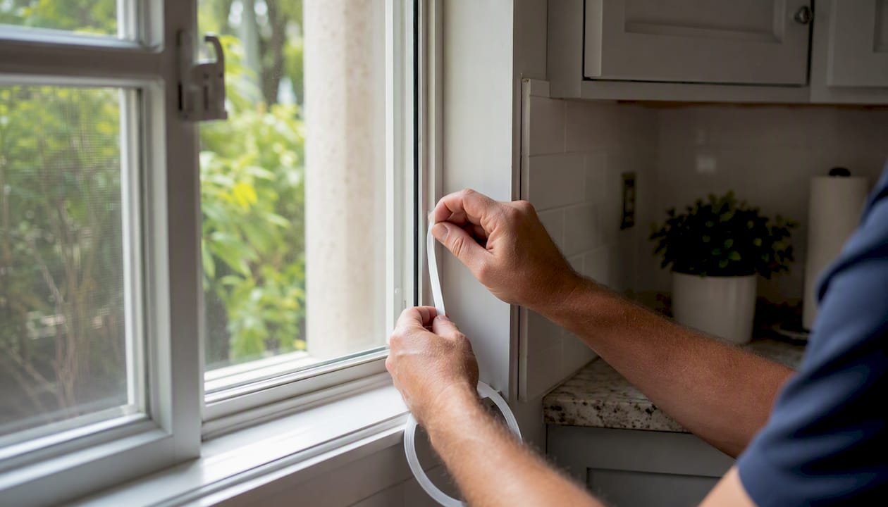 Hands applying weather stripping to window