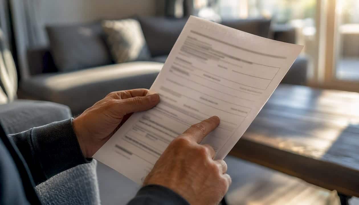 Homeowner inspecting insurance document close-up