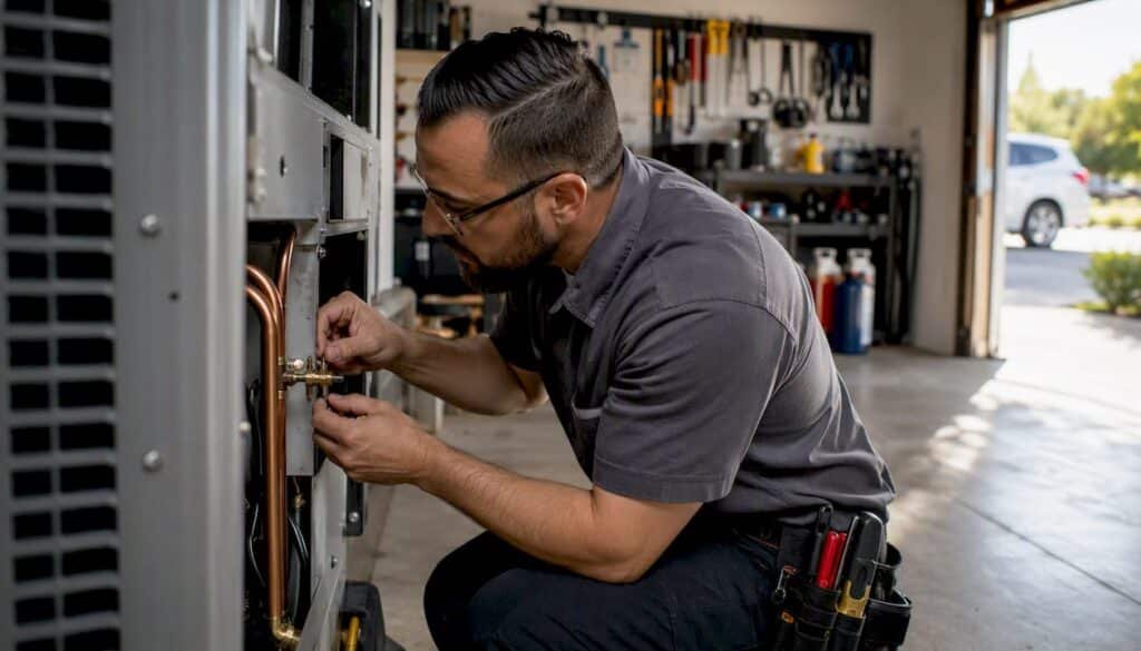 Technician adjusting HVAC appliance valve