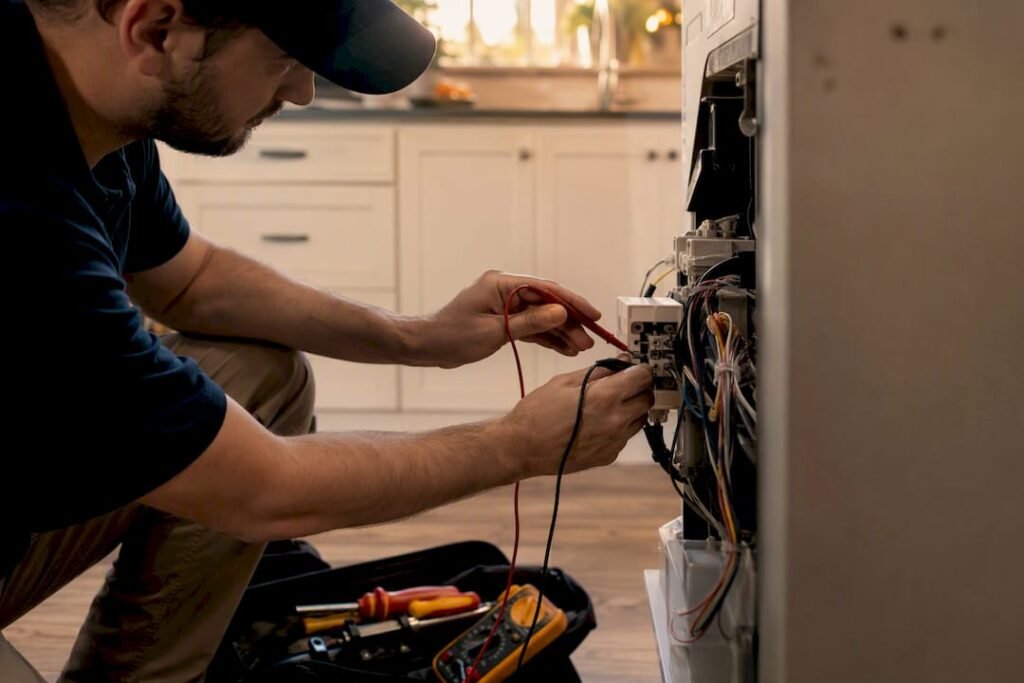 Technician testing appliance electrical components
