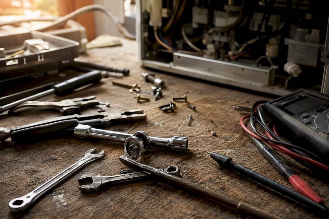 Close-up of appliance repair tools on workbench