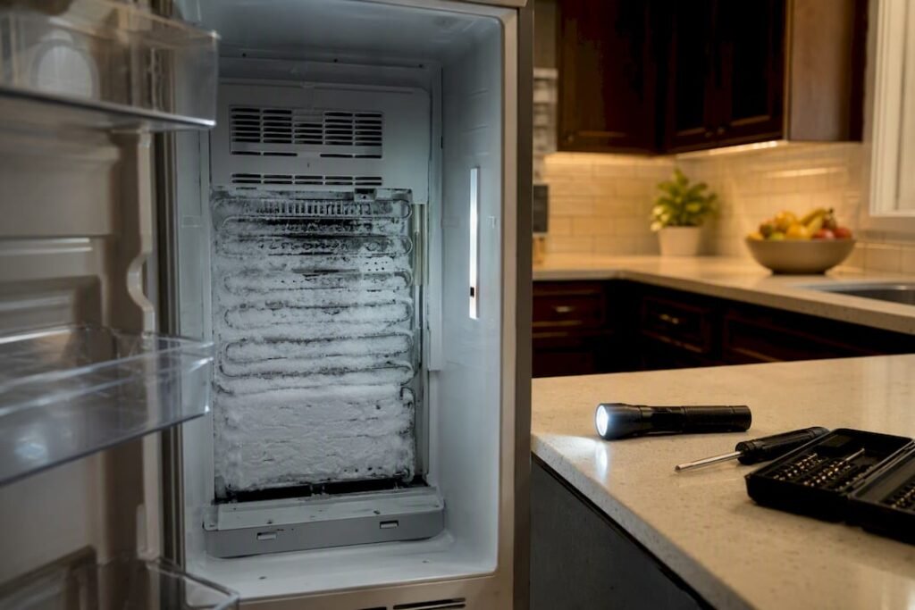 Close-up inside fridge showing frost on coil