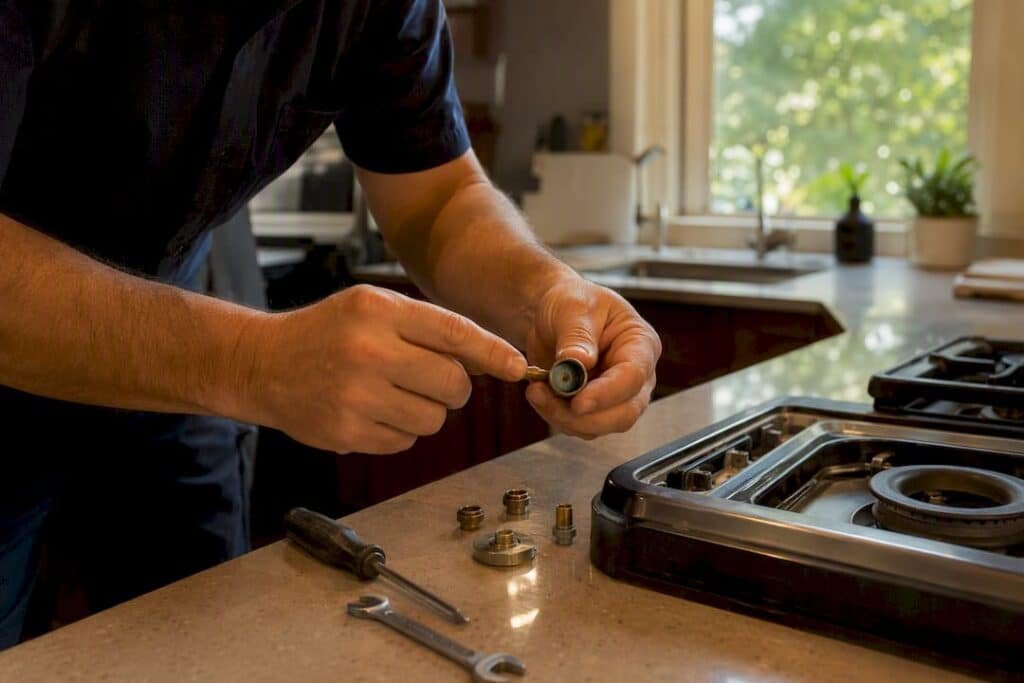 Technician adjusting gas appliance regulator
