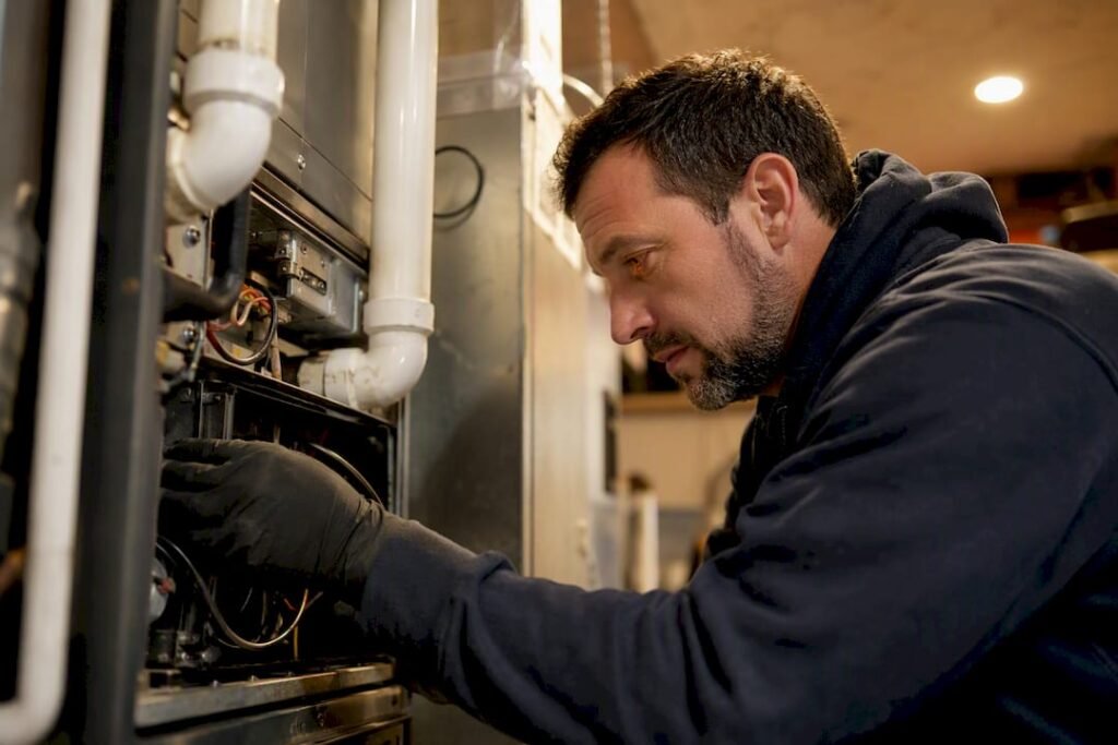 Technician inspecting gas furnace components