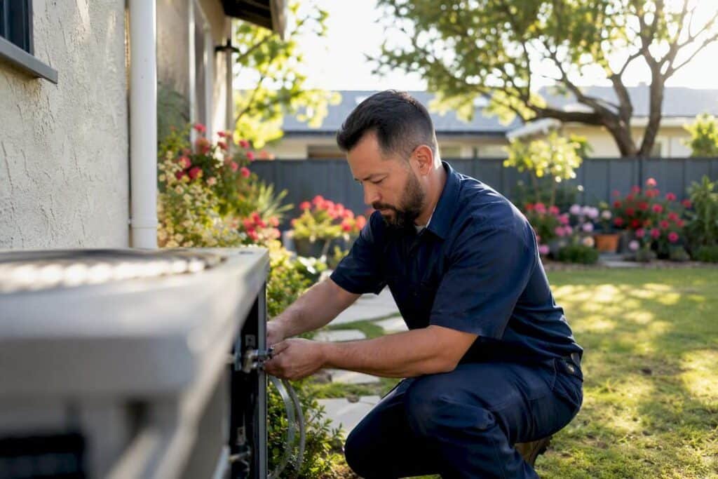 Technician adjusting residential AC unit outdoors
