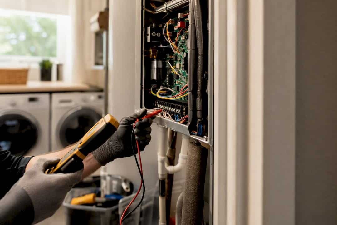 Technician testing AC unit diagnostic panel