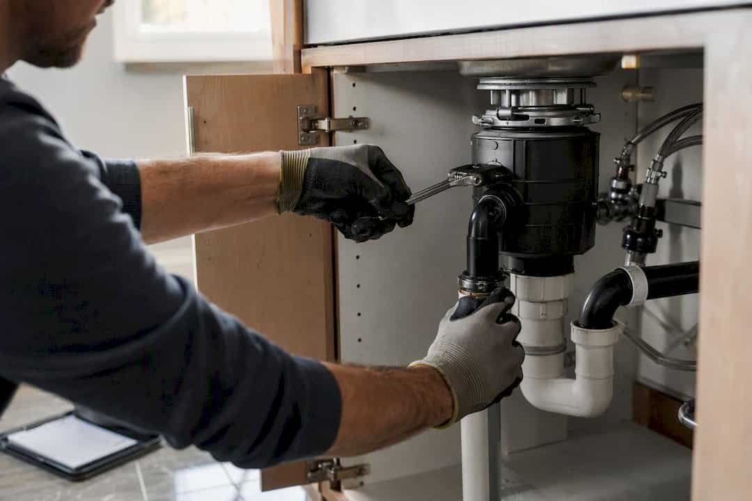 Plumber inspecting garbage disposal plumbing pipes