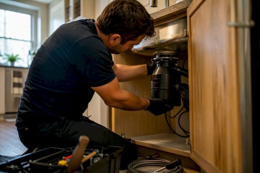 Hands removing under-sink garbage disposal