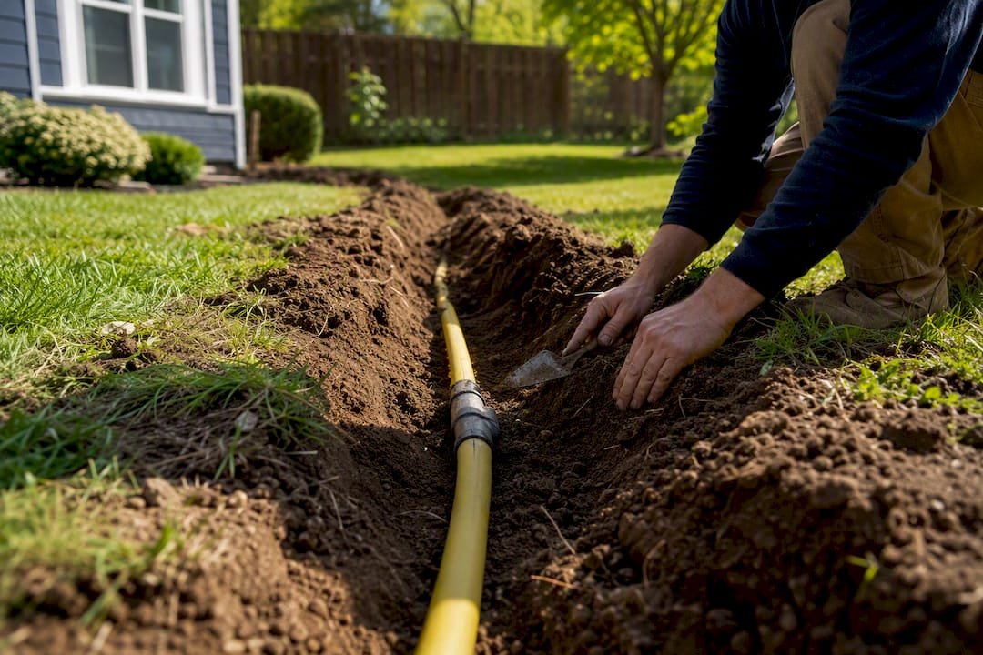 Trench with gas line pipe in residential yard