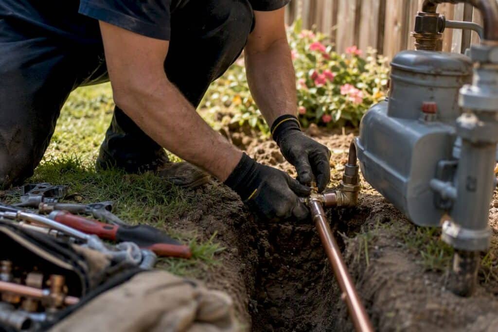 Hands installing gas line piping outdoors