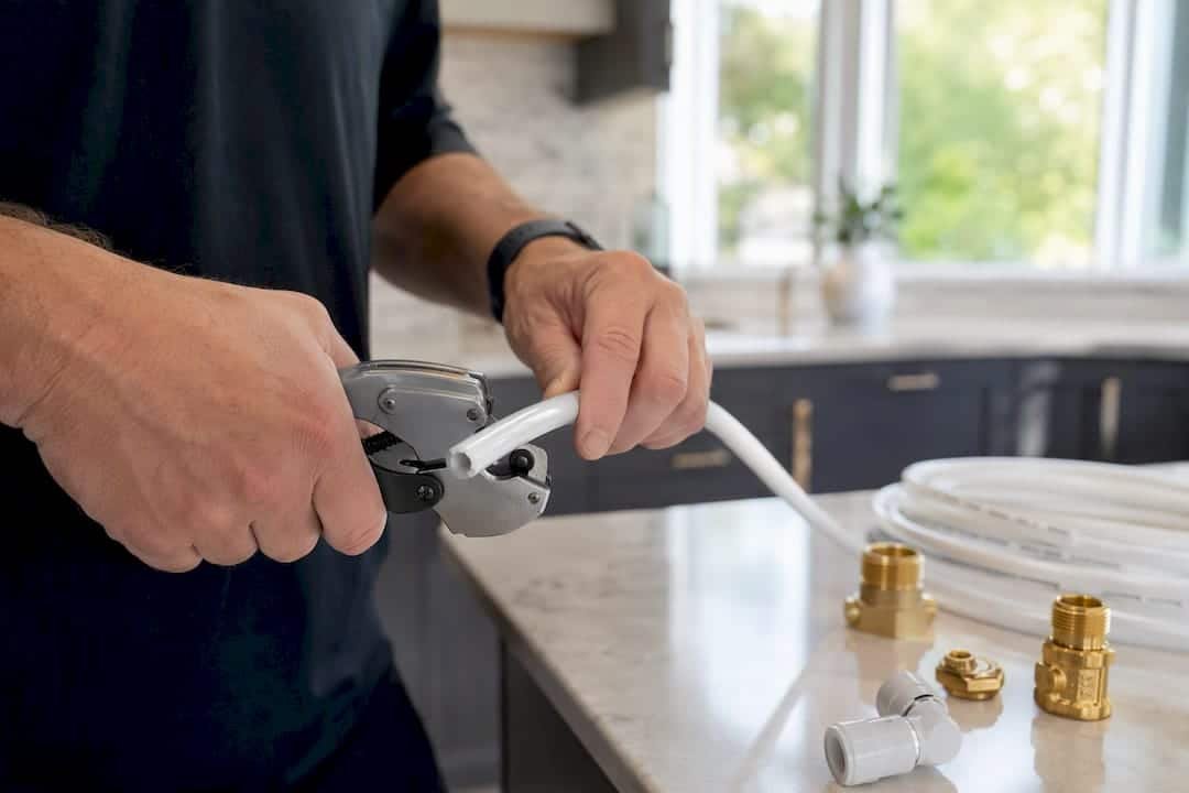 Hands cutting refrigerator water tubing with tubing cutter