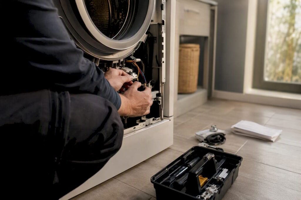 Technician hands repairing washing machine internals