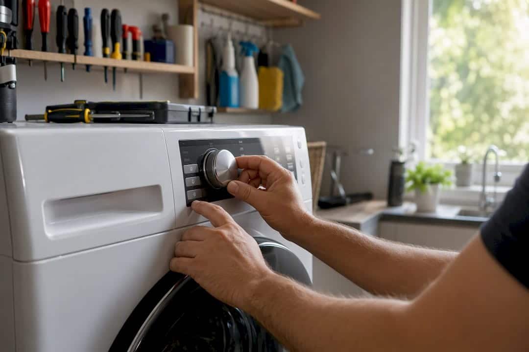 Technician hands checking washer test cycle