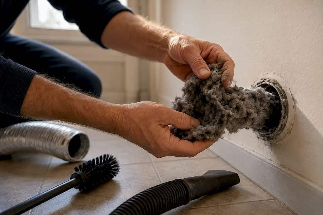 Hands removing lint from dryer vent