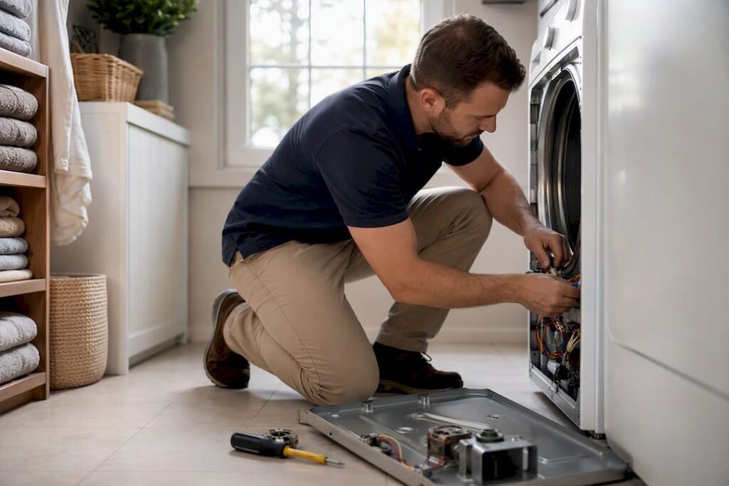 Hands repairing dryer with tools in laundry room