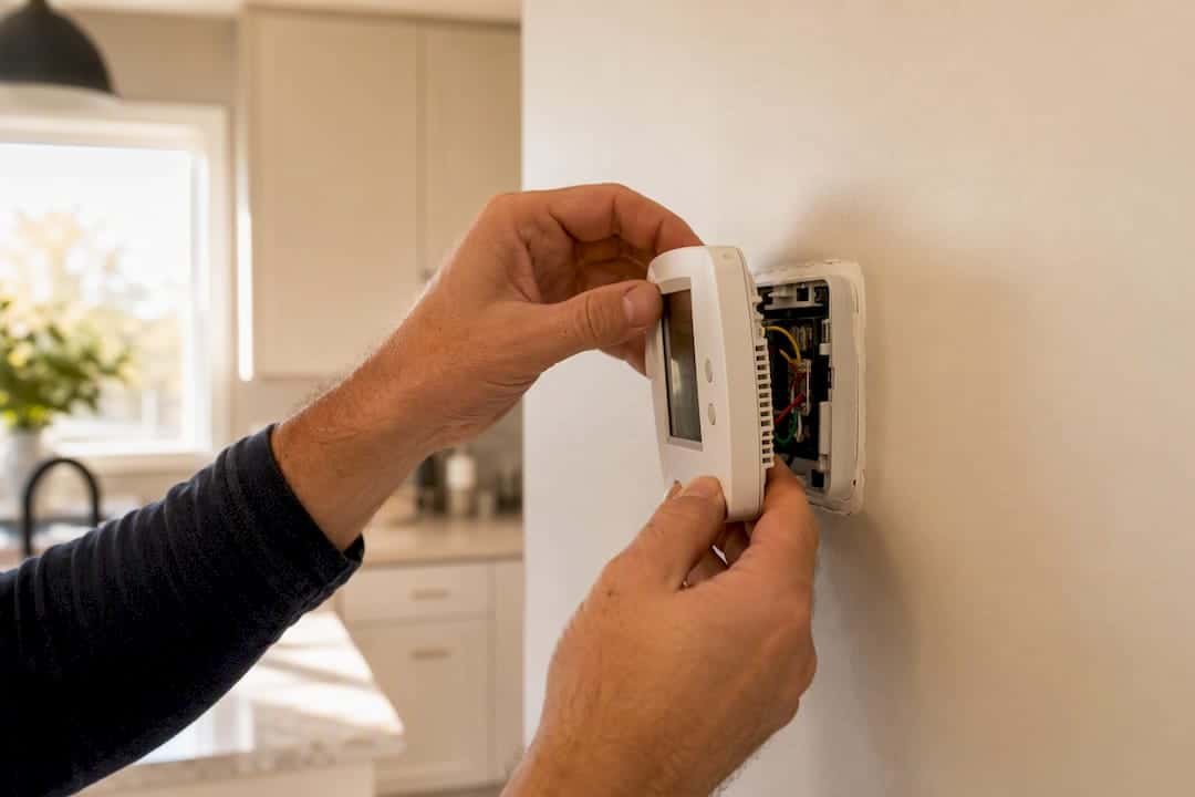Homeowner hands removing thermostat cover