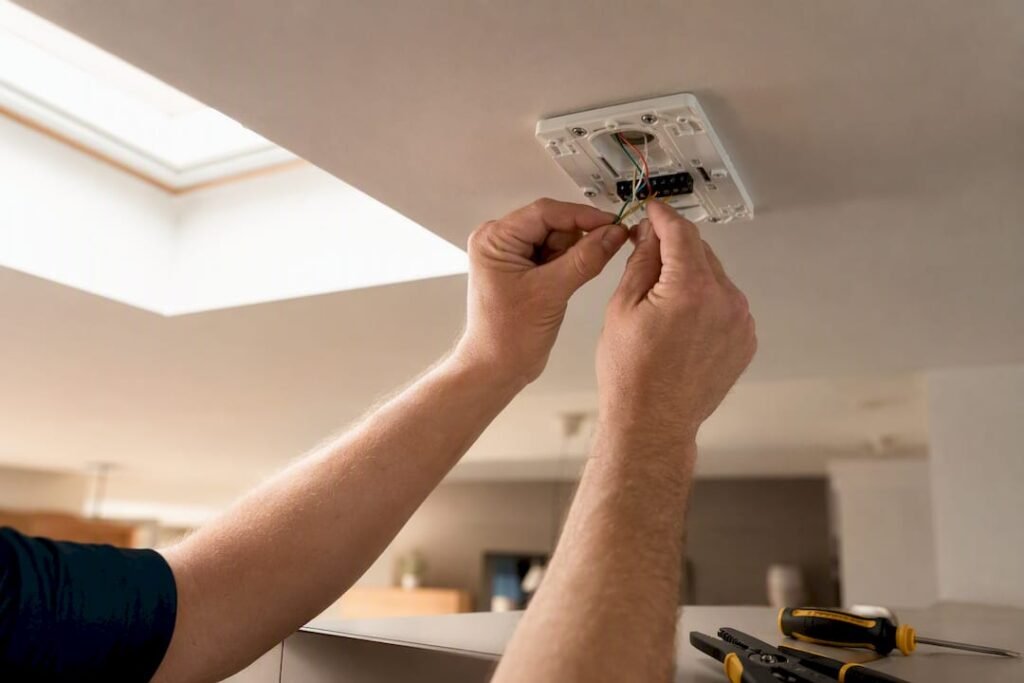 Technician hands wiring new thermostat on wall